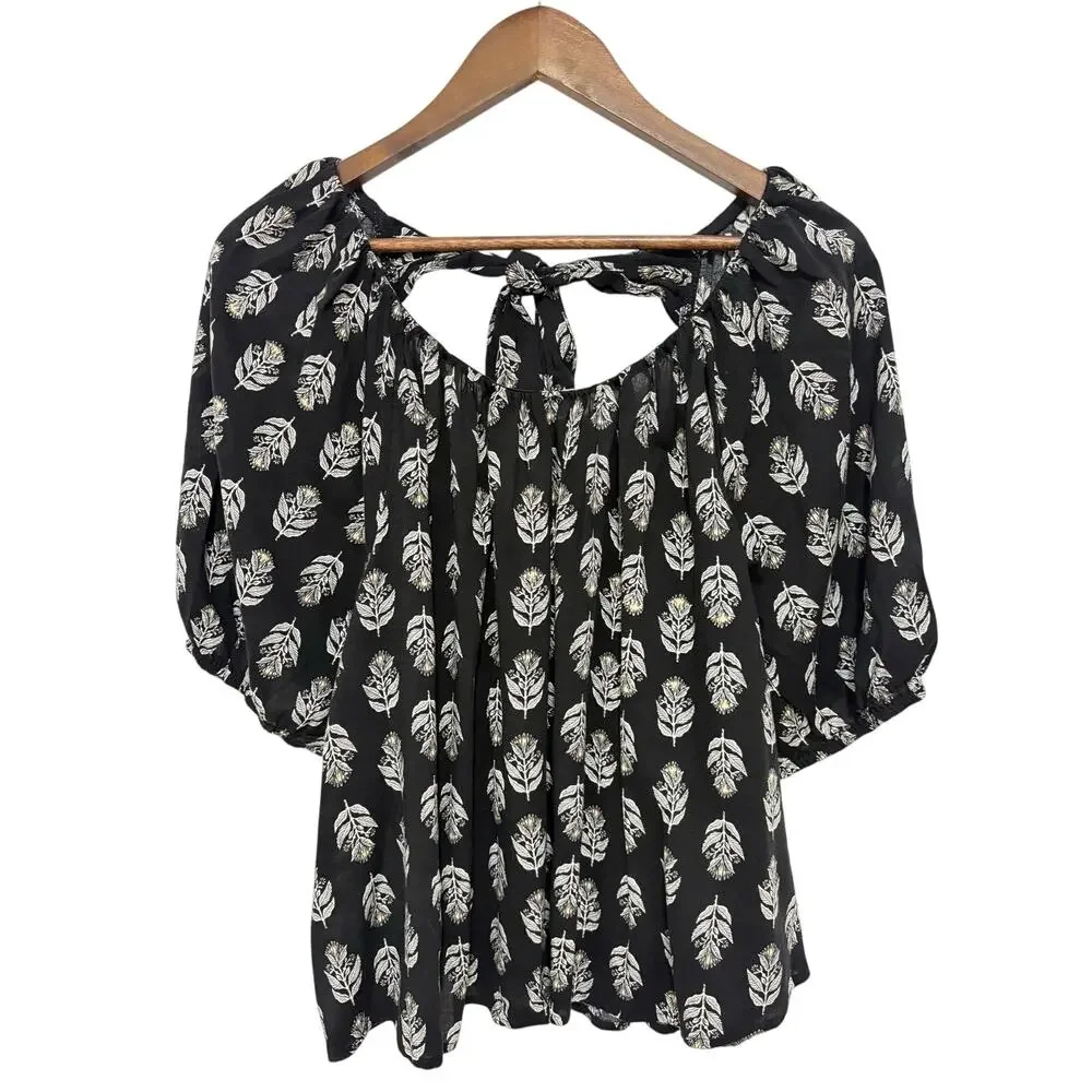 Old Navy Womens XL Black Leaf Print Peasant Blouse Tie Back Puff Sleeve Boho
